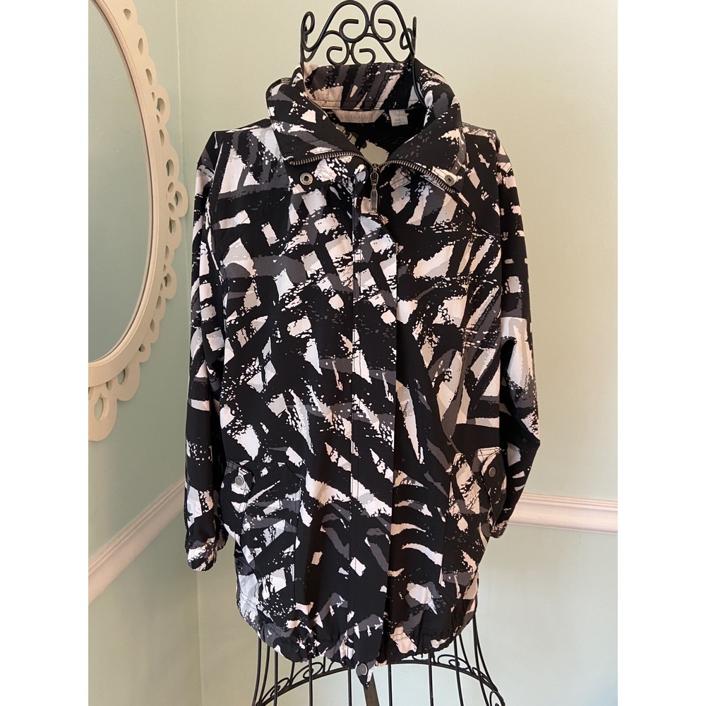 LAURA‎ ASHLEY front zip black white geometric jacket L poly spandex